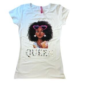 Cute 4 U T-Shirt Girls Black Queen Size S (7-8) White Short Sleeve Raised Letter